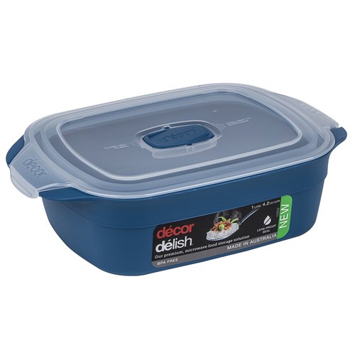 Delish Microsafe Container Rect 1Lt Blue W/ Clr Lid (4)